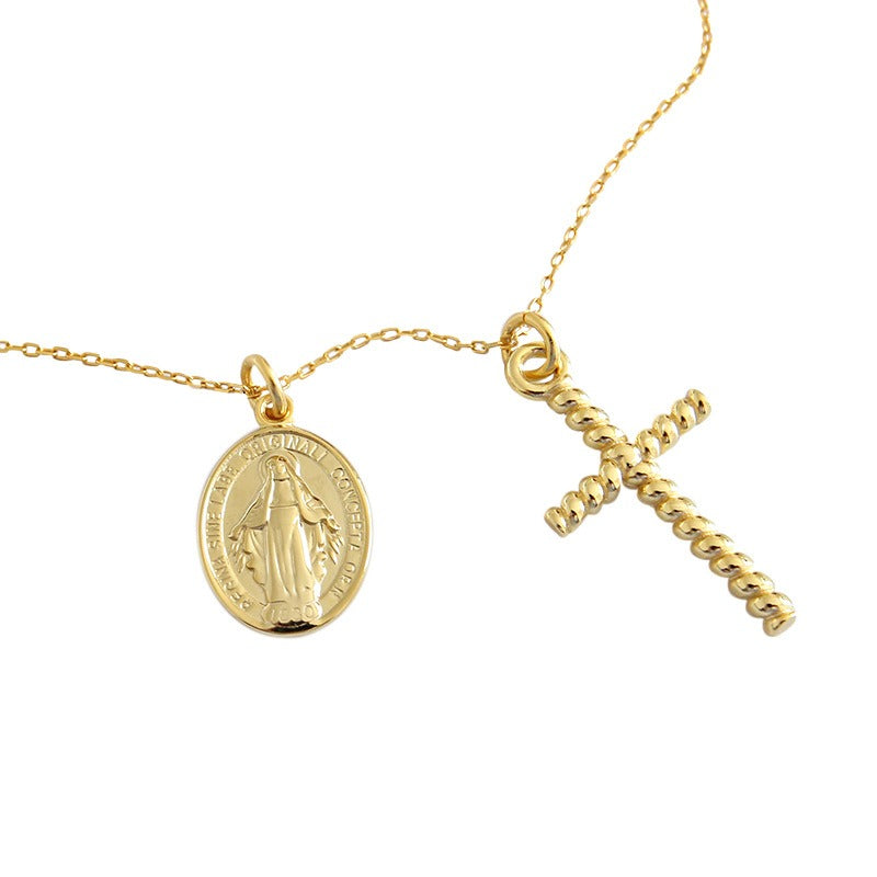 S925 Sterlingsilber Halskette mit Kreuz- und Münzanhänger